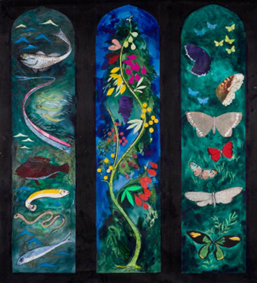 John Piper's full-scale cartoon for The John Betjeman Memorial Window, All Saints’ Church, Farnborough, 1986. Mixed media. On exhibition at Dorchester Abbey, Oxfordshire from 21st April to 10th June. Image © The Piper Estate.
